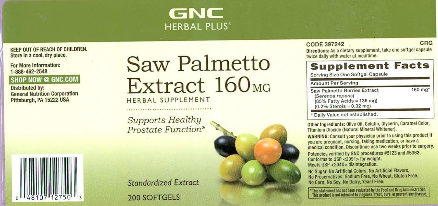 GNC Herbal Plus Saw Palmetto Extract 160mg, 200 Capsules, Supports Healthy Prostate Health: Health & Personal Care