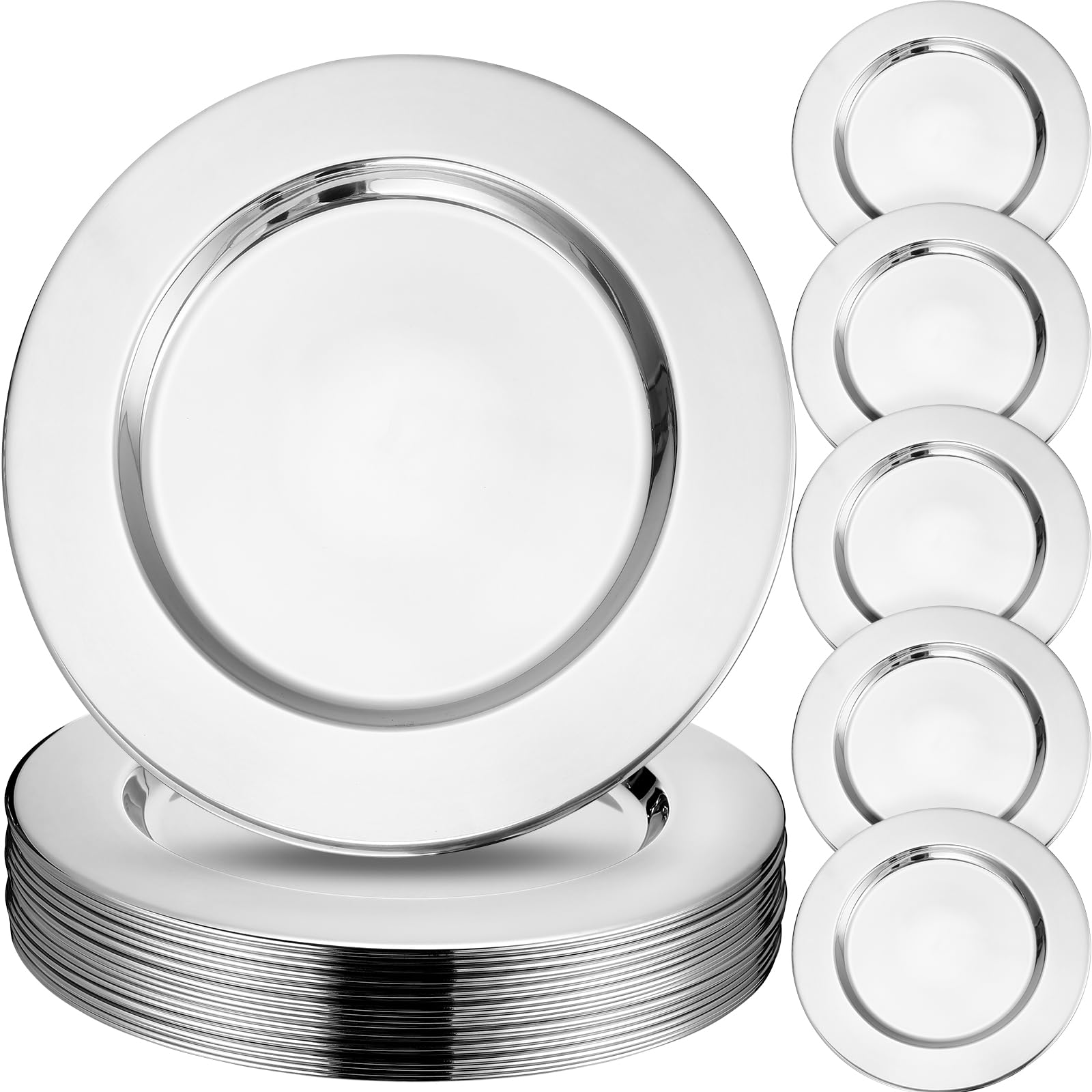 Photo 1 of Vesici 12 Pcs Silver Stainless Steel Charger Plates 13 Inch Round Metal Charger Plates Bulk Mirror Elegant Charger Luxury Table Decor for Wedding Dinner Party