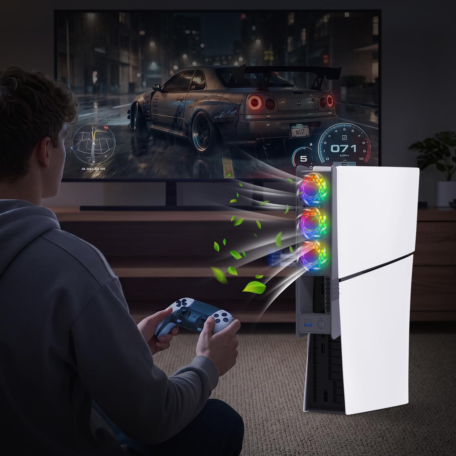 ELUTENG Kühlventilator für PS5 Slim / PS5 Pro, Leises Lüfter mit RGB-Licht & Automatischer Temperaturgesteuerte Geschwindigkeit, Lüfter Kühler mit USB 3.0 Port für Playstation 5 Pro / Slim Disc & Dig 8
