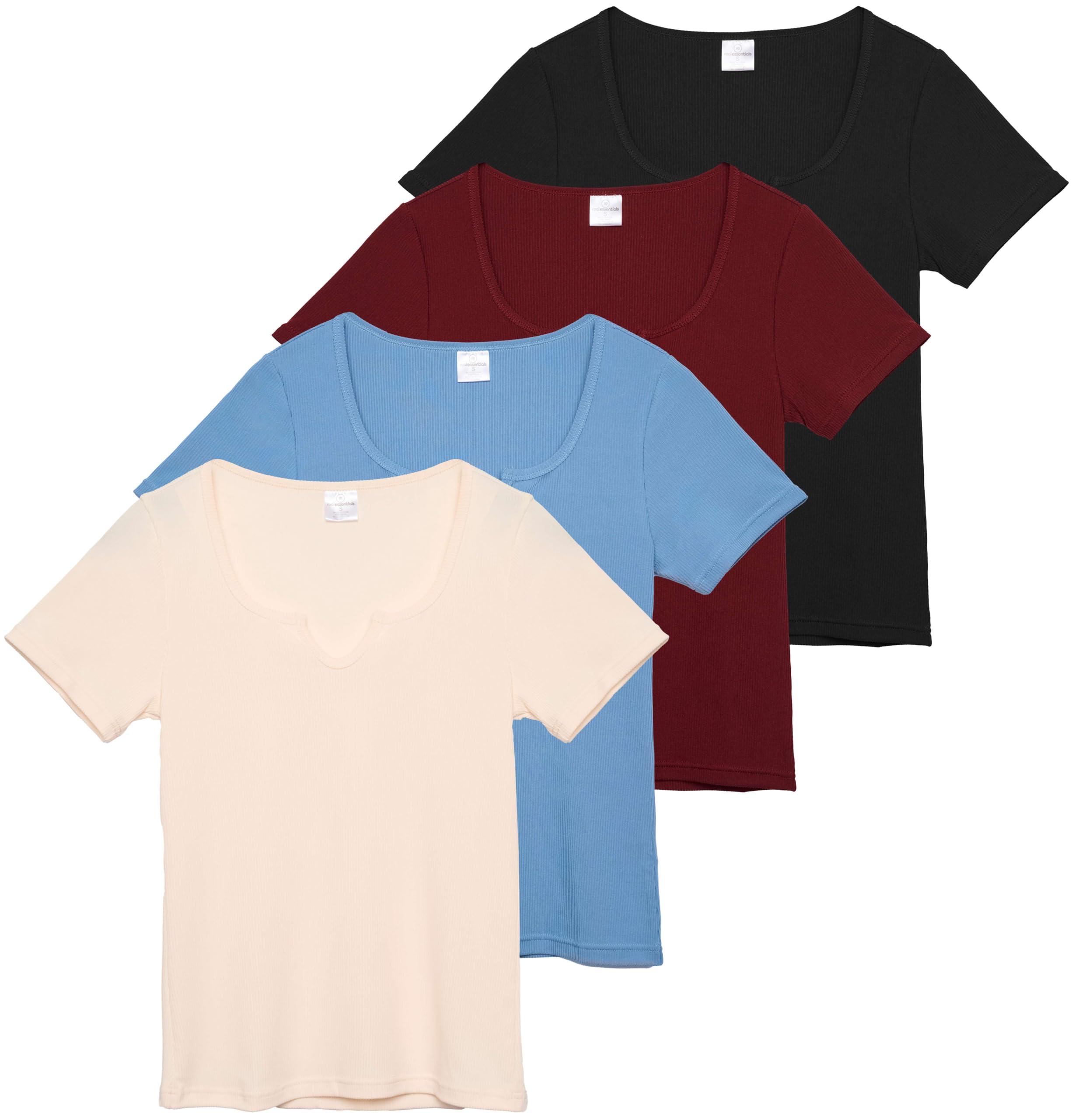 Photo 1 of **MISSING BLACK SHIRT**Real Essentials 4 Pack: Women's Soft Ribbed Knit Split Neck T-Shirt - Casual Office Summer Top (Available in Plus) 2XL