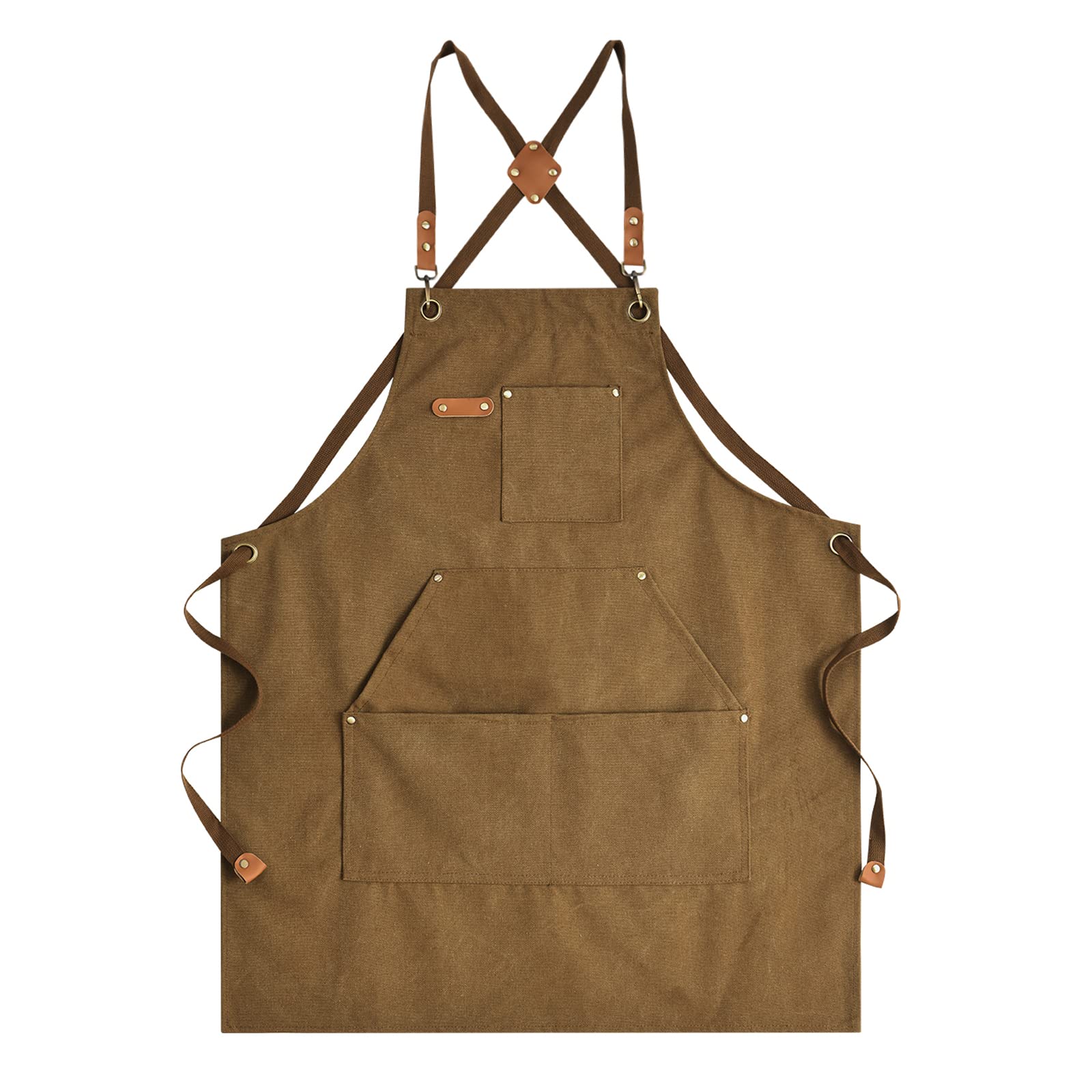 Photo 1 of Aoomzoon Canvas Aprons for Men Chef Apron, Work Apron with Large Pockets - Durable 16oz Heavy Duty Cross Back, BBQ, Cooking (Brown, 1 Pack)