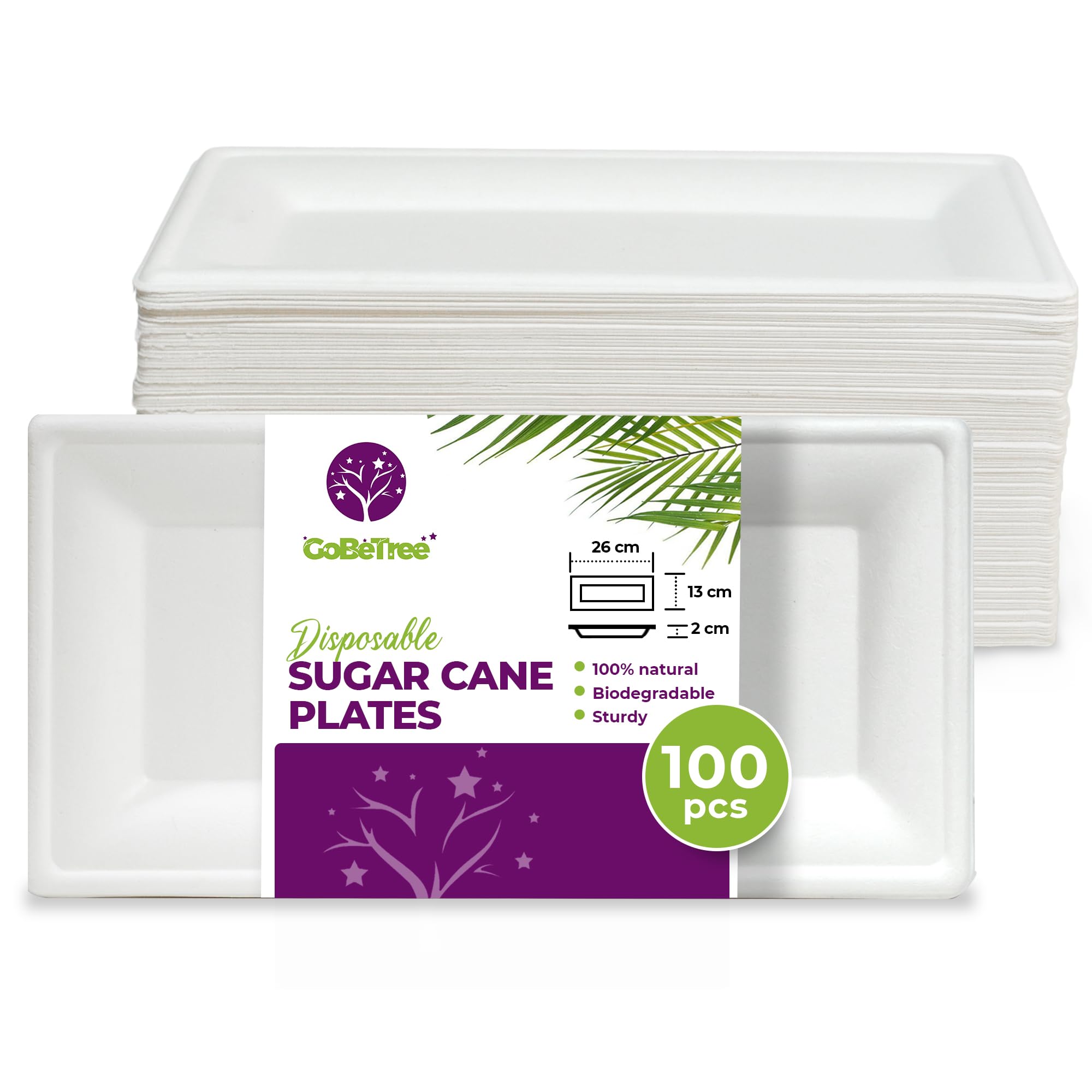 100 Rectangular Disposable Sugarcane Paper Trays, 26 x 13 cm, Extra Strong Biodegradable Disposable Tableware, White, Party and Breakfast Trays