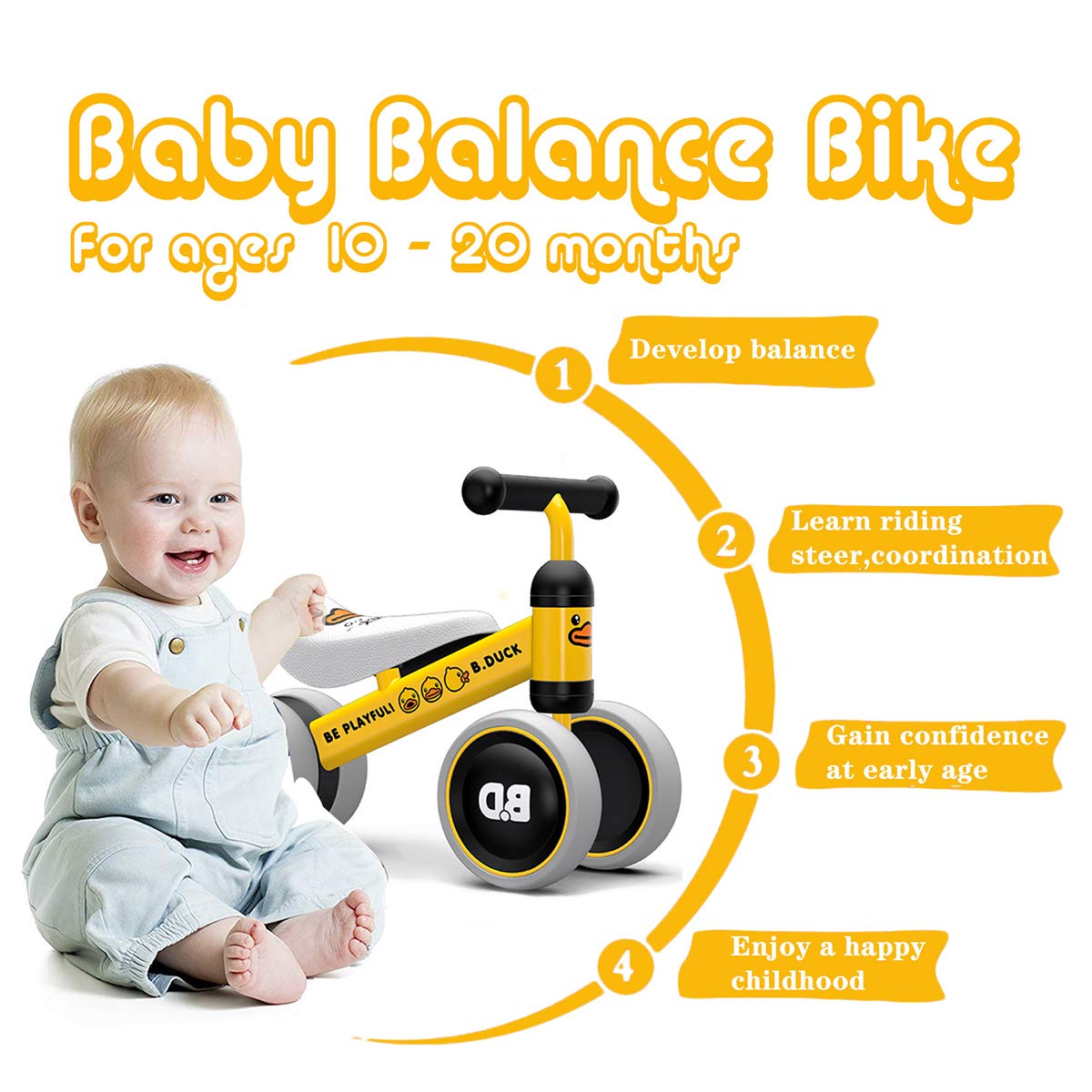 Baby Balance Bike Bicycle Boys Girls Toddler Bike Trike Tricycle Steel Frame Children Learn to Walk Bike 10-24 Months No-Pedal Baby\'s First Bike (Yellow Duck)