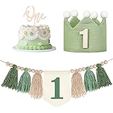 High Chair Banner for 1st Birthday Party Boy Decorations With Green Tassel Garland Crown Hat Cake Topper, First Birthday Decorations Boy or Girl