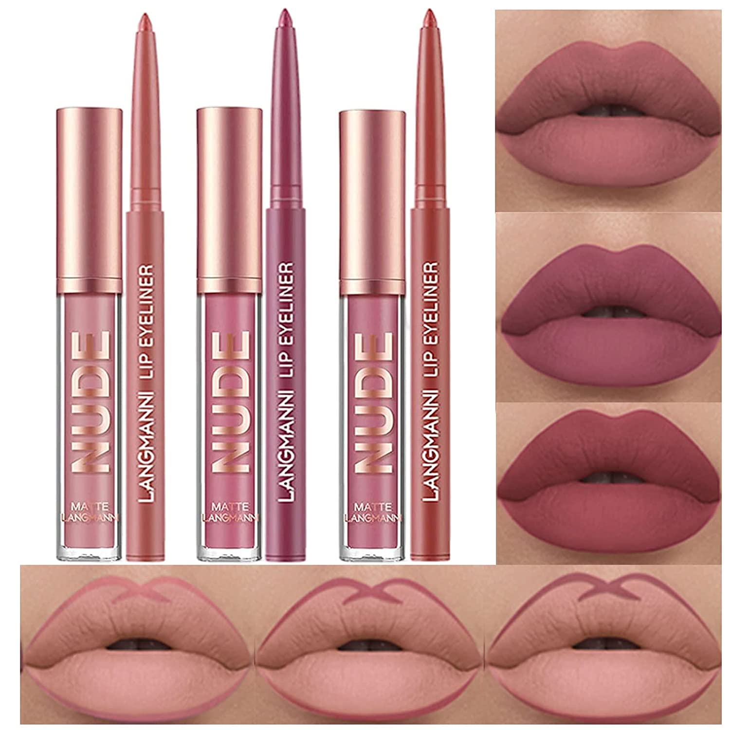 6Pcs Matte Liquid Lipstick Lip Liner Set, Velvety Nude Lipgloss Waterproof Non-Stick Cup Not Fade Liquid Lipstick Lipliner Make Up Gift Set (Set C) — image 1