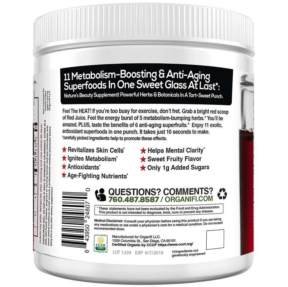 Organic Superfood Powder - Organifi - Red Juice Super Food Supplement - 30 Day Supply - USDA Certified Organic, Boosts Metabolism, and Reverses The Signs Of Aging