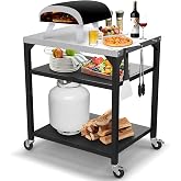 BBQMall Pizza Oven Table for Ooni Ninja Woodfire Blackstone Bighorn Cuisinart, Outdoor Grill Table for Ooni Pizza Oven Accessories, Movable Pizza Oven Stand as Food Prep Cart, Barbecue Tool Set