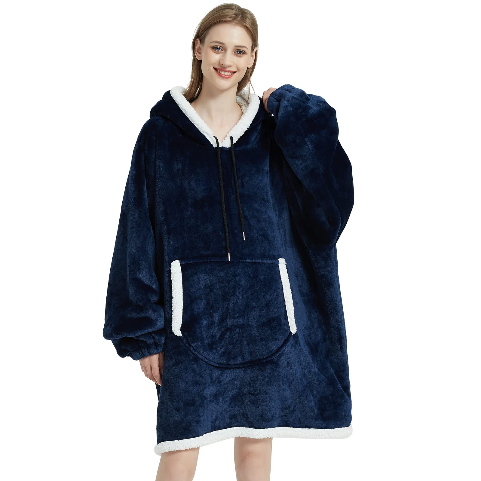 softan Blanket Hoodie, Oversized Sherpa Fleece Wearable Blanket for Women & Men, Super Warm and Cozy Plush Flannel Hooded Blanket, Sweatshirt Gift with Giant Pocket, One Size Fits All, Navy
