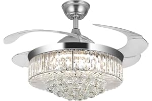 WUYULE 42in Crystal Ceiling Fan with Remote, Silver Fandelier Ceiling Fan with Light, 3 Speeds 3 Colors Changes Lighting Fixture, 4 Blades Retractable Chandelier Fan for Bedroom Living Room Dining Room
