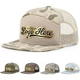 Custom Logo Hat Flat Bill 7 Panel Trucker Laser Engraved Faux Leather Patch