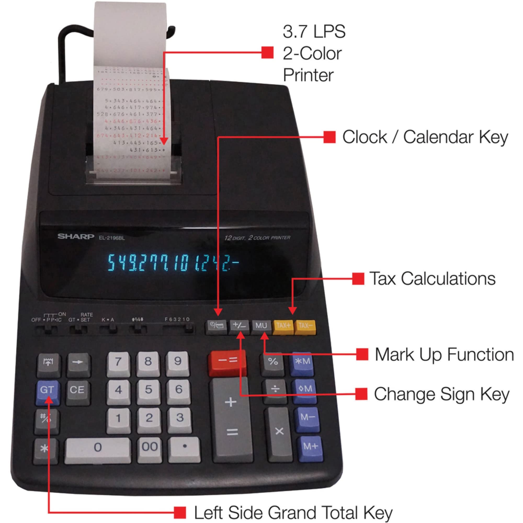 Sharp 12-Digit Print Calculator Desktop Size Adding Machine, Perfect for Everyday Use and Office, Bright, Large Easy-to-Read Numbers on Both The Display and The Two-ColorPrinted Tape (EL2196BL)