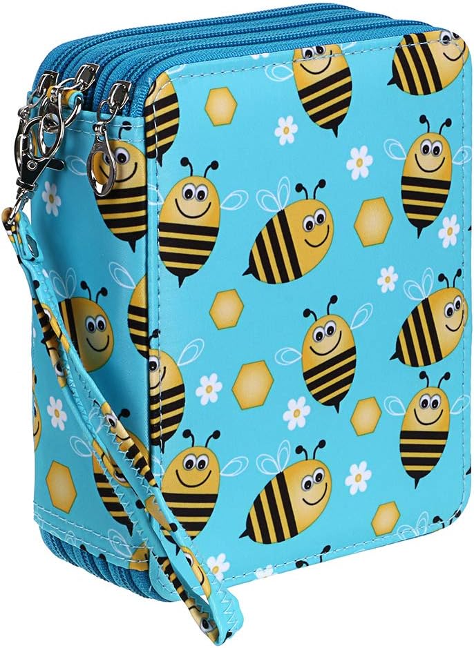 BTSKY Zippered Pencil Case-Canvas 72 Slots Handy Pencil Holders with Printing Pattern Bee for Prismacolor Watercolor Pencils, Crayola Colored Pencils, Marco Pencils