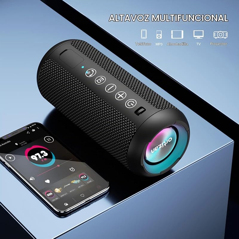 Coluna Bluetooth potente com luz LED, mini caixa de música portátil com função mãos-livres, proteção contra água IPX7 e som surround de 360°, coluna sem fios para
