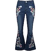 Womens Floral Embroidered Flared Jeans Bell Bottom Jeans Stretchy Denim Pants Casual Trousers