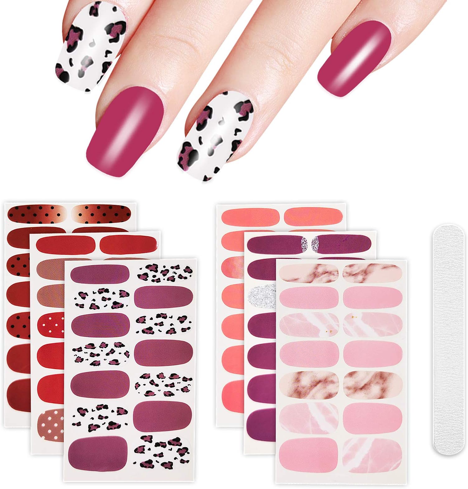 6 Sheets Full Nail Wraps Art Polish Stickers Decal Strips Adhesive False Nail Design Manicure Set With 1Pc Nail Buffers Files For Women Girls- Pink Flamingo Style