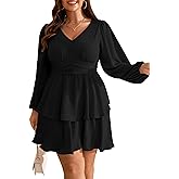 RWJ Plus Size Dresses for Curvy Women V Neck Long Sleeve Elastic Waist Fall Wedding Guest Layer Casual Mini Dress