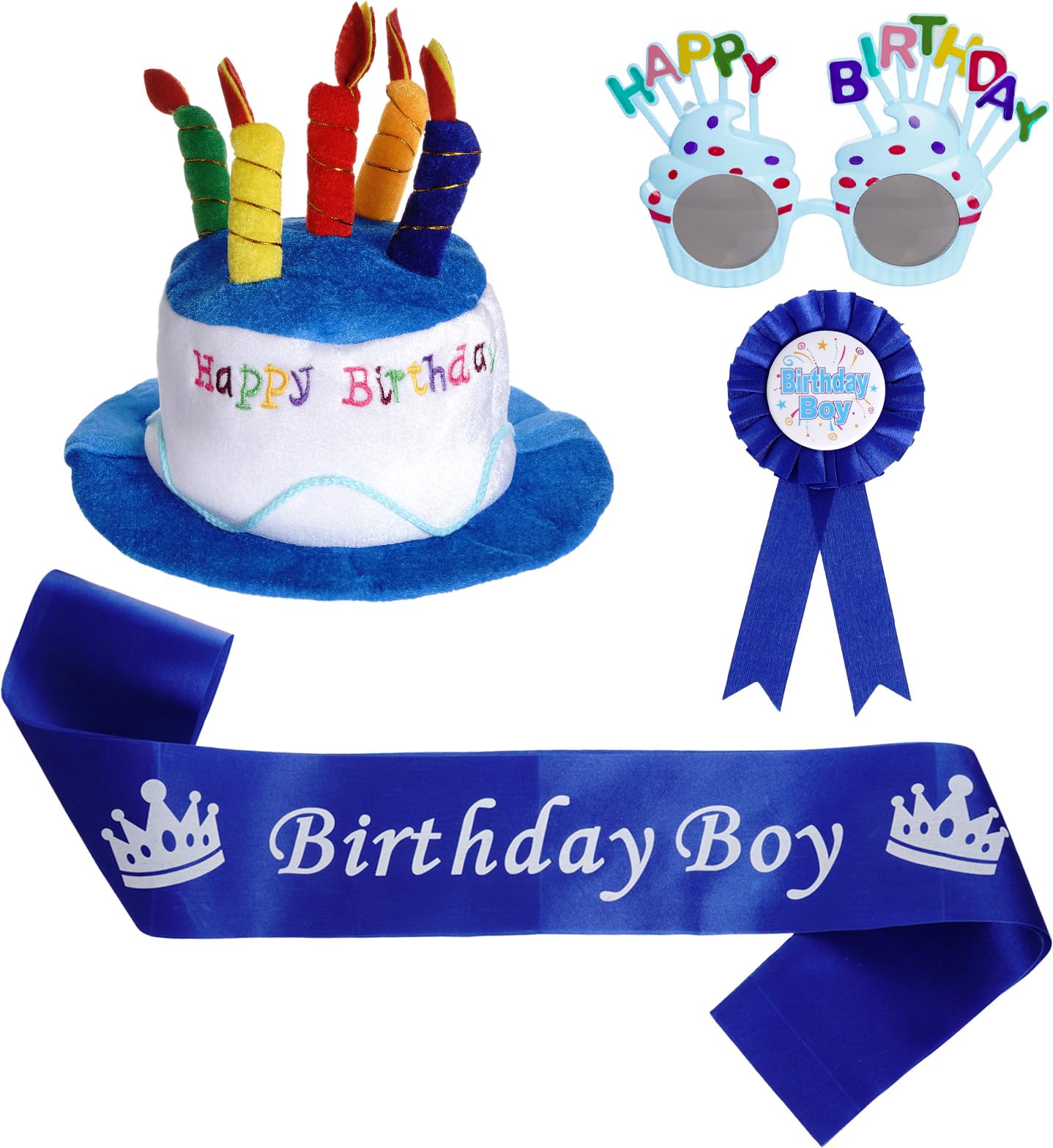 XDGBGFN 4-Piece Happy Birthday Set, Cake Birthday Hat and Glasses Badge, Sash, Plush Cake Hat for Unisex-Adults Birthday Party Accessories ﻿