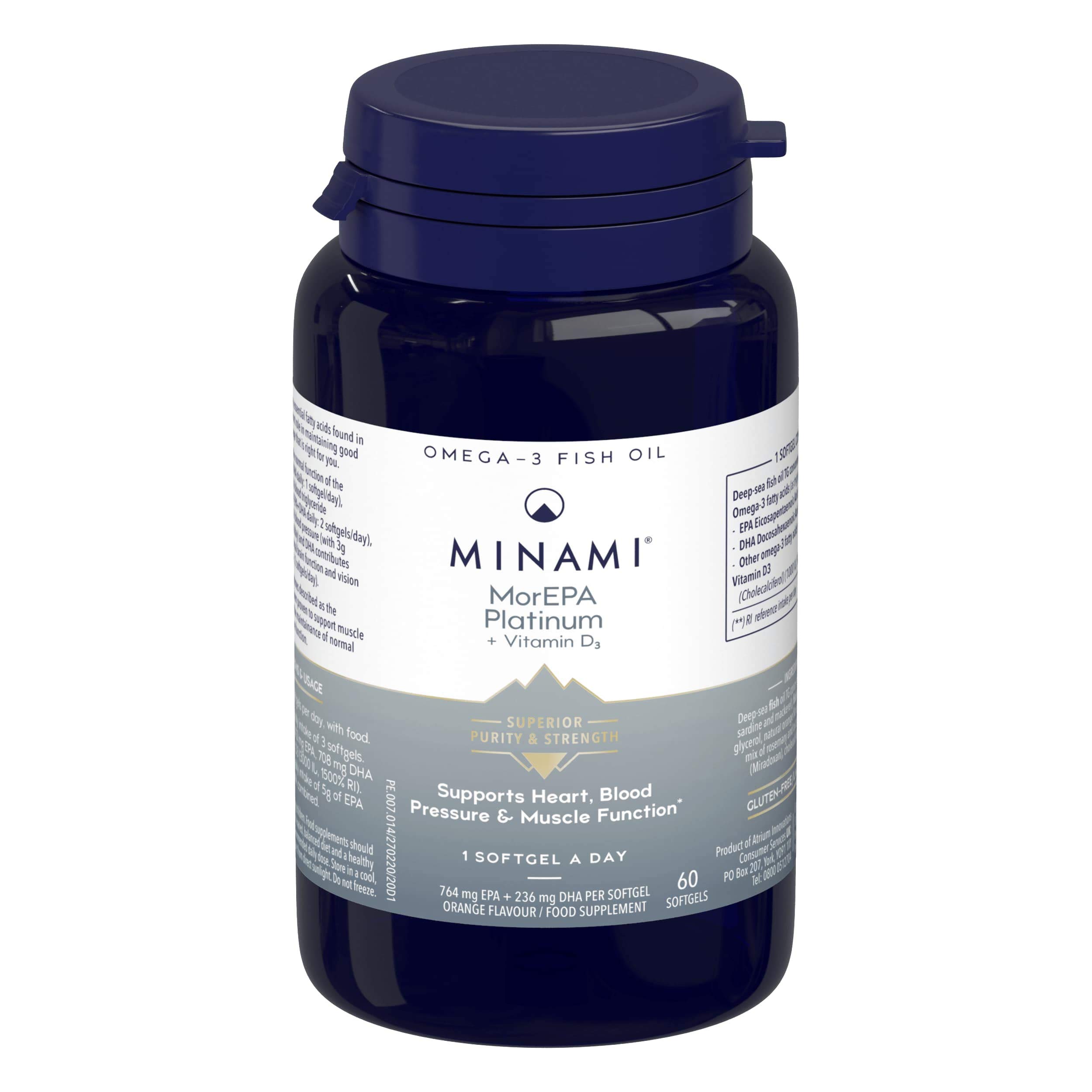 Omega 3 Fish Oil Supplement - Minami - MorEPA Platinum with high Concentration of EPA, DHA & Vitamin D - Helps Maintain Healthy Heart, Blood Pressure and Muscle Function - 60 Softgels