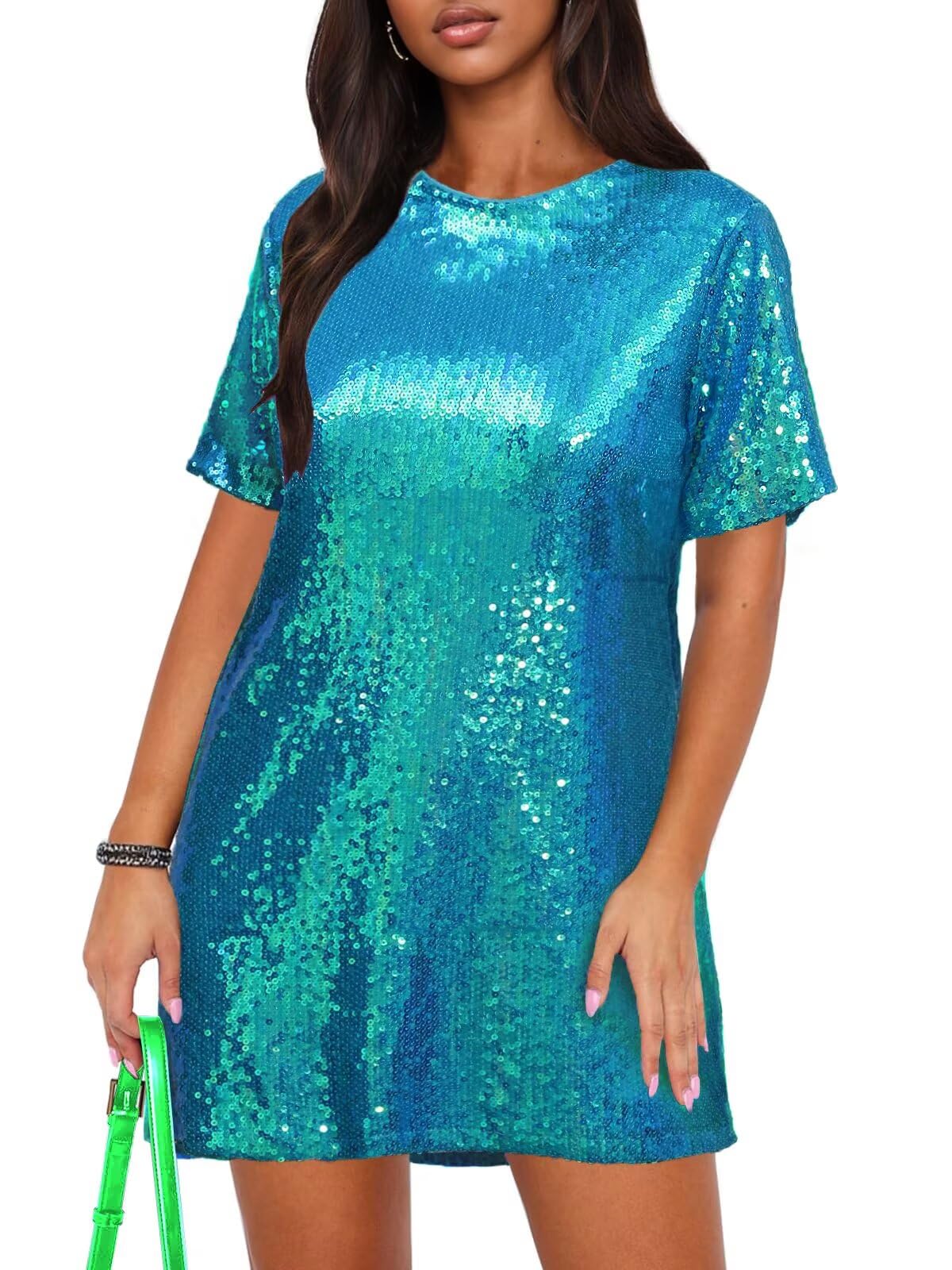 Photo 1 of Ophestin Women's Sparkly Sequin T Shirt Dress Short Sleeve Crewneck Tie Backless Glitter Party Club Dresses Green S