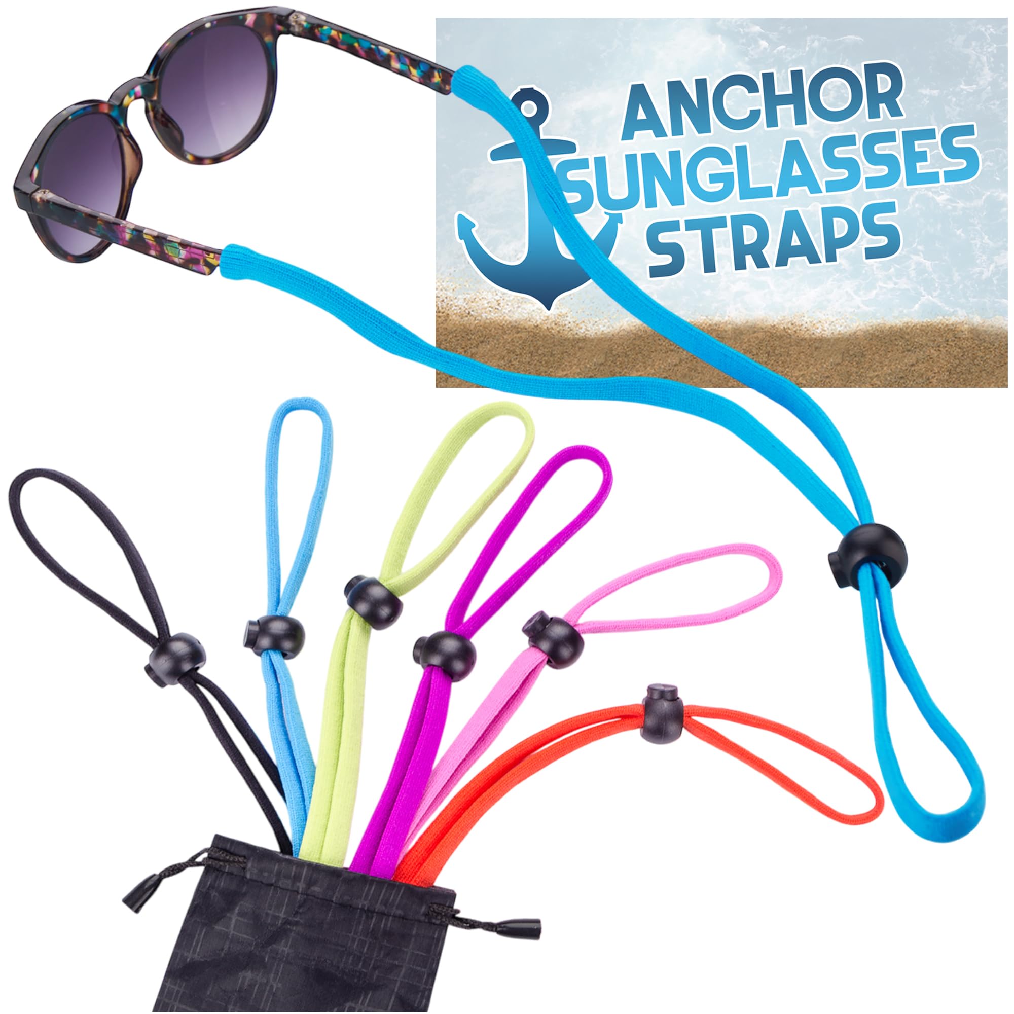 Anchor Glasses Straps 6 Pack Sunglasses Strap Adjustable and Stretchy Universal Fit for Kids to Adult Active Sport Eyewear Retainers for Anti Slip Protection