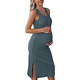 Ekouaer Women's Maternity Dress Rib Knit Sleeveless Tank Side Slit Bodycon Dresses Pregnancy Clothes S-XXL