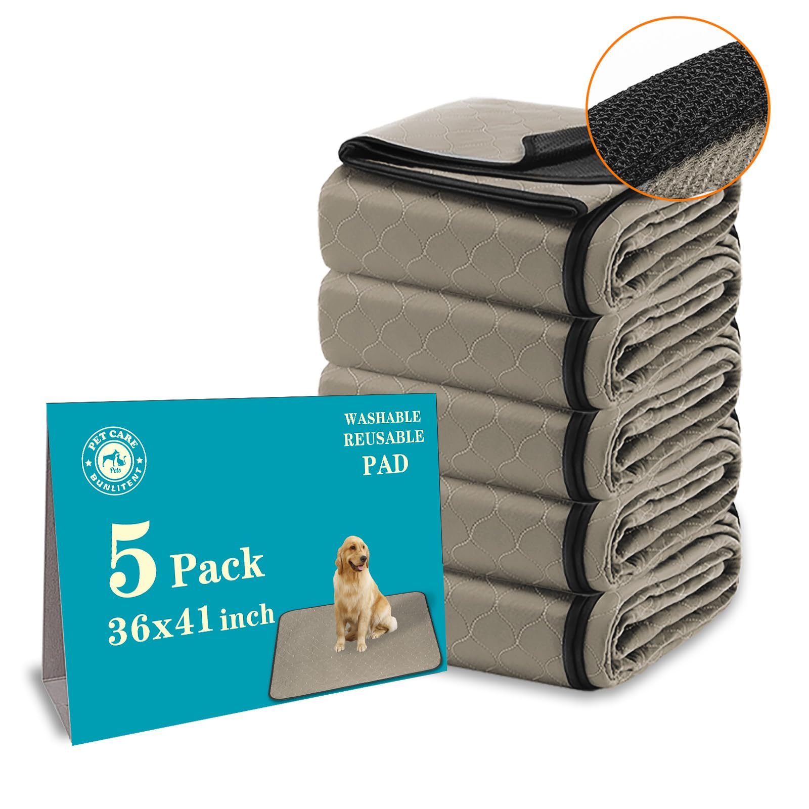 Bunlitent Washable Pee Pads for Dogs 36" x 41", 5 Pack, Reusable Puppy Pads, Dog Training Pads with Quick Dry, Large Anti-Slip Whelping Pad for Pet, Playpen, Incontinence, Housebreaking. Image