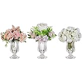 Glasseam Glass Vases for Decor, Small Compote Vase Set of 3, Ribbed Flower Vases for Centerpieces, Fluted Clear Crystal Pedestal Vase for Wedding Table Decorations, 5.7in