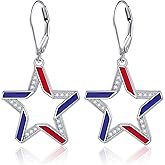 American Flag Earrings for Women 925 Sterling Silver Red White Blue Star 4th of July Patriotic Dangle Earrings USA Independence Day Patriots Jewelry for Women Friend Wife Daughters