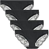 LIQQY Women's Low Rise Cotton No Wedgie Lace Coverage Bikini Panty Hipster Underwear 4 Pack