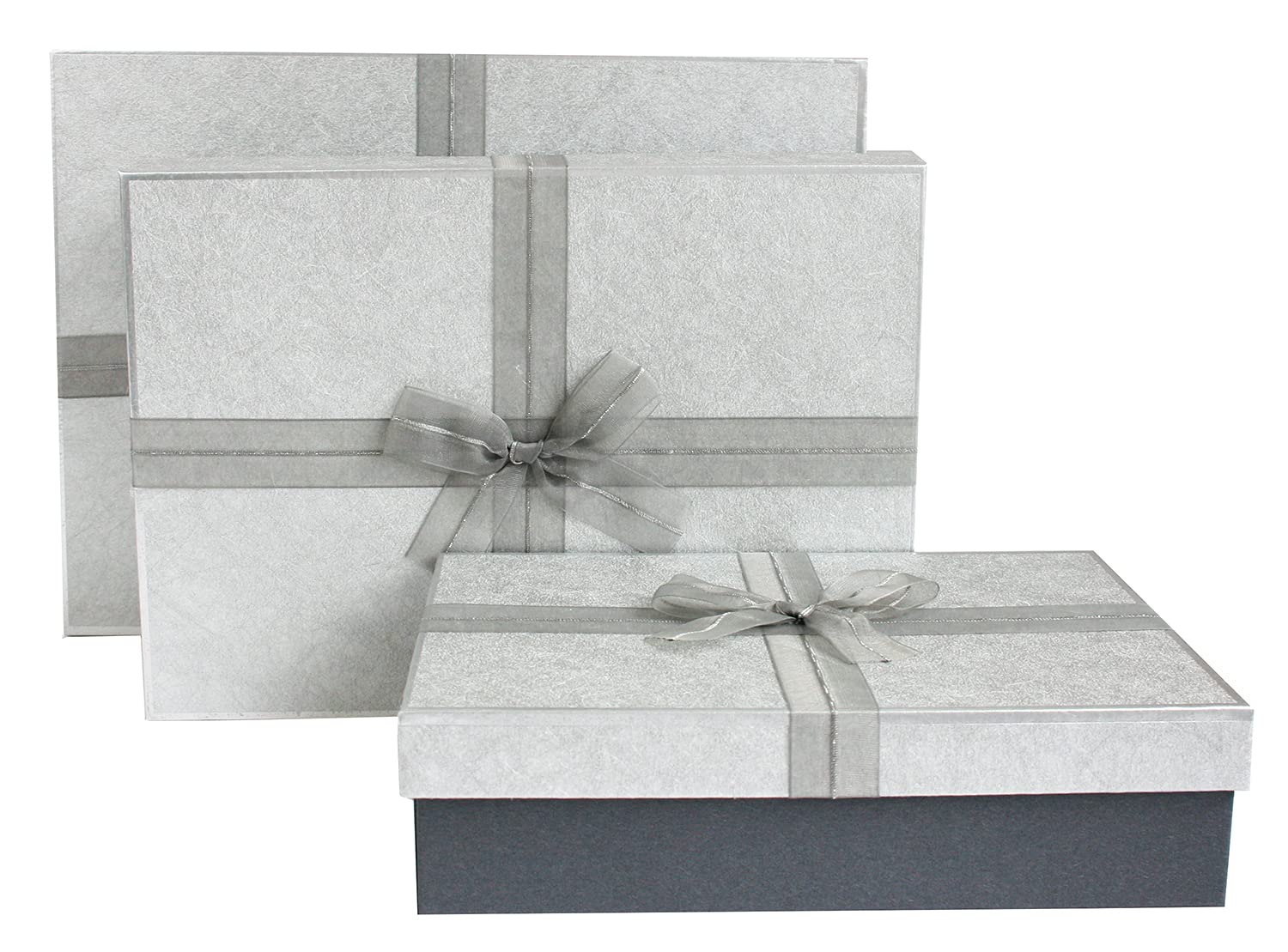 Emartbuy Set of 3 Rigid Presentation Gift Box, Dark Grey Box with Silver Lid, Brown Interior and Grey Fabric Decorative Ribbon