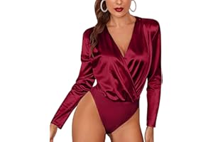 Chigant Women's Bodysuit Top Satin Long Sleeve V Neck Snap Closure Wrap Body Suits Leotard