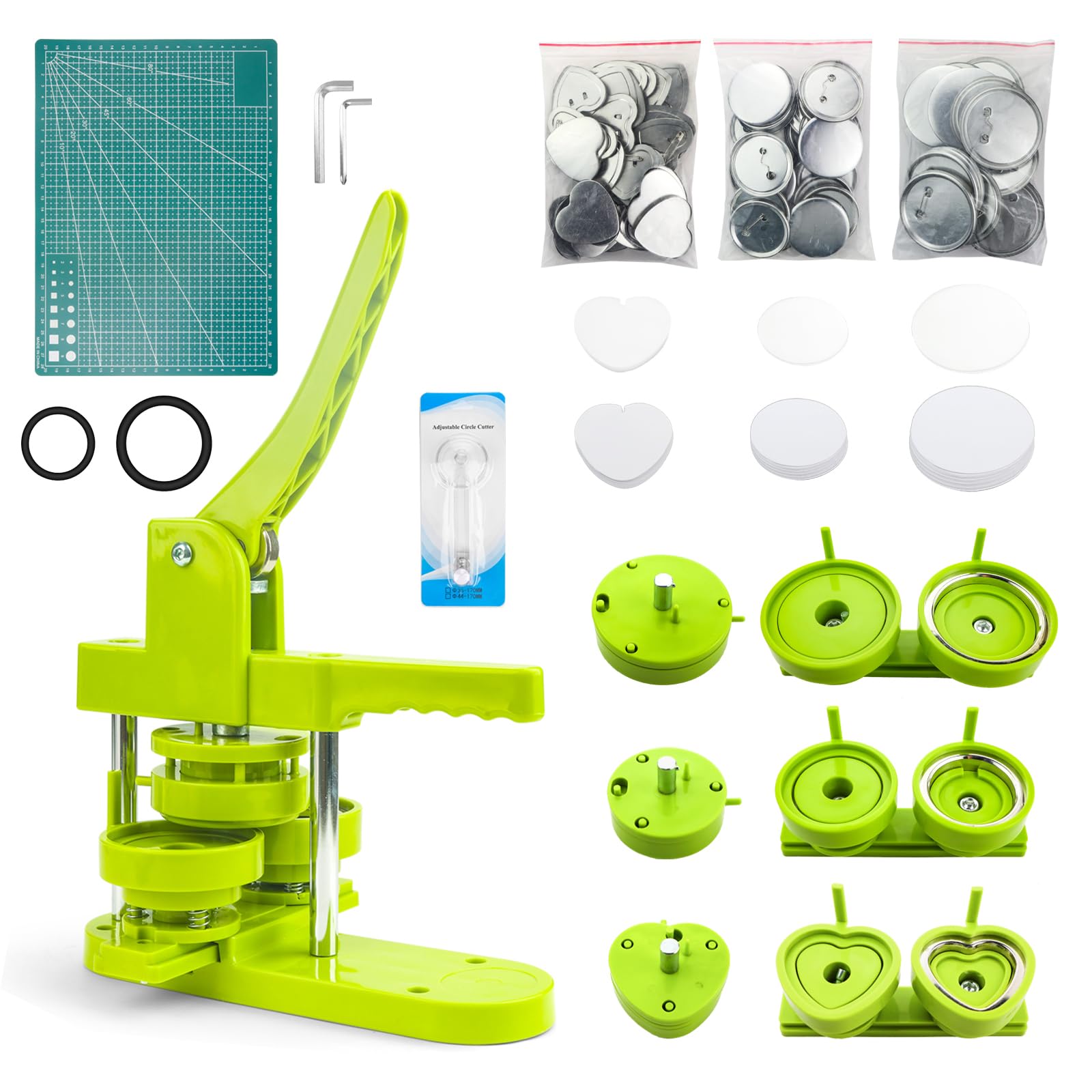 Photo 1 of Button Maker Machine Multiple Sizes 2.25in+3in+2.24in Heart-Shaped (58/75mm/Heart), 3 in 1 Badge Press Machine with 60pcs Metal Button Parts & Circle Cutter & Cutting Mat for Pin Maker
