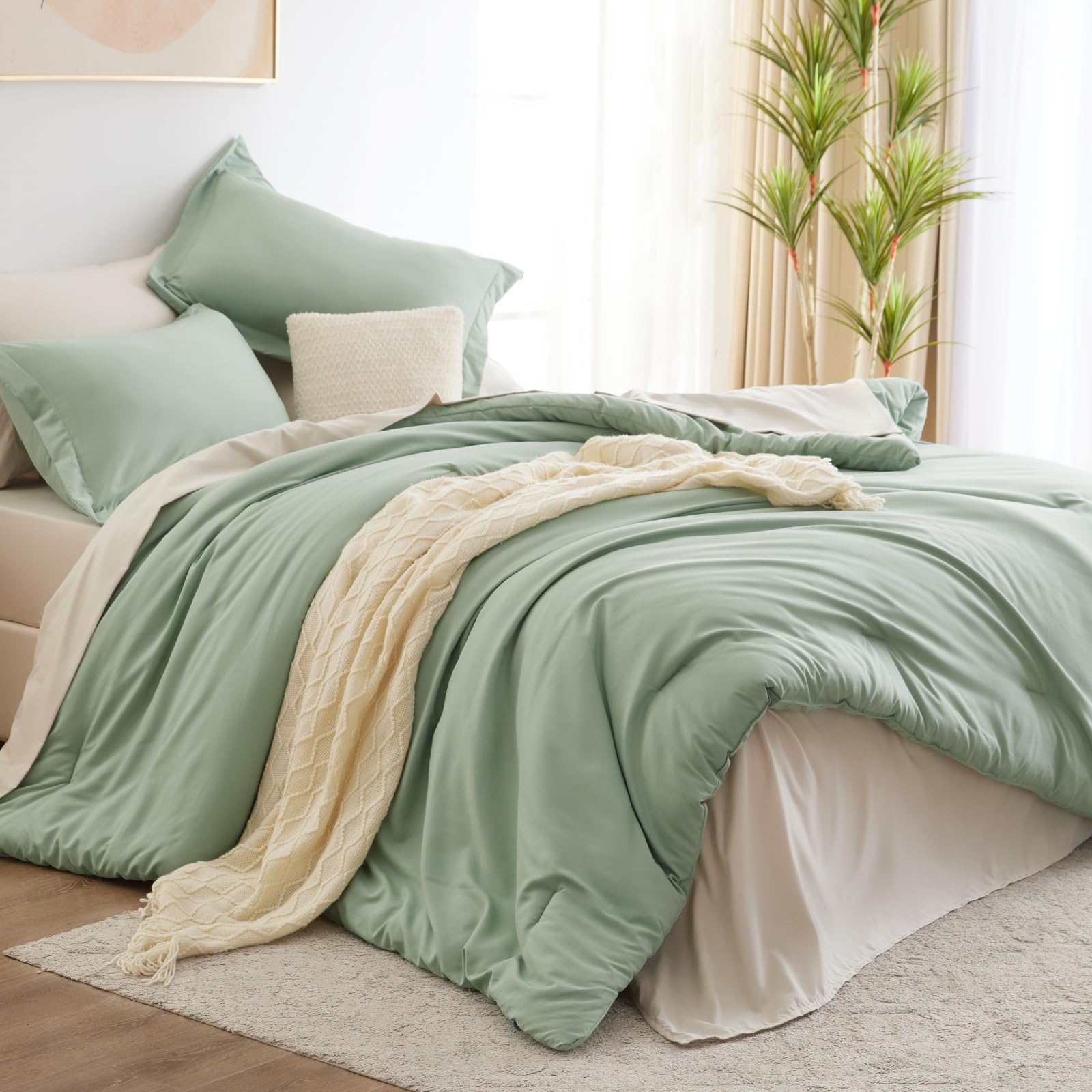 Photo 1 of CozyLux Sage Green Comforter Set Queen, 7 Pieces Queen Bedding Set Contrasting Design with Comforter, Flat Sheets, Fitted Sheet, Pillowcases & Shams, Boho Bed in a Bag Queen for All Season