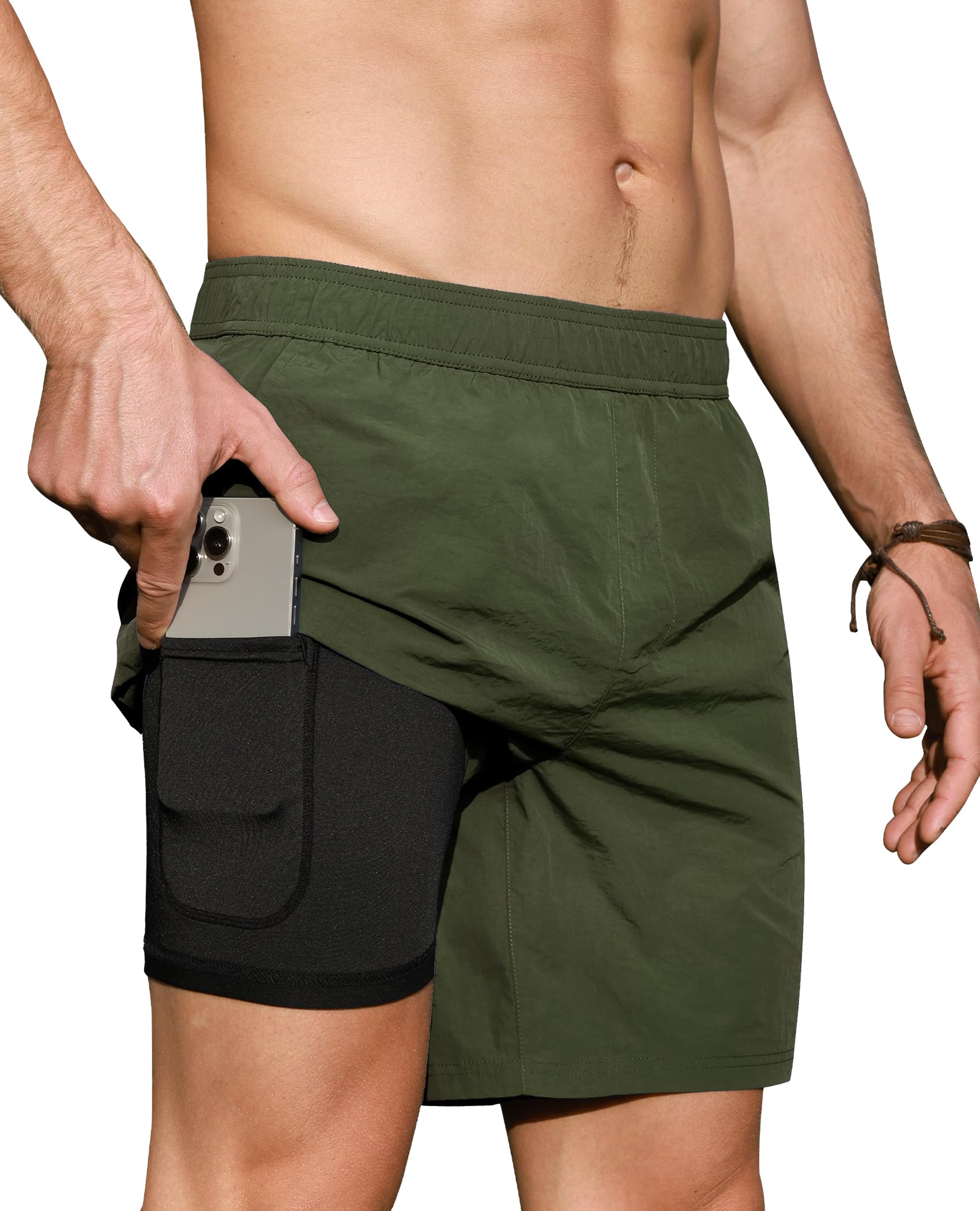 Photo 1 of Size M.  Milin Naco Mens Swim Trunks: 7 Inch 2 in 1 Compression Liner Quick Dry Water Resistant Breathable Stretchy Oliver Green