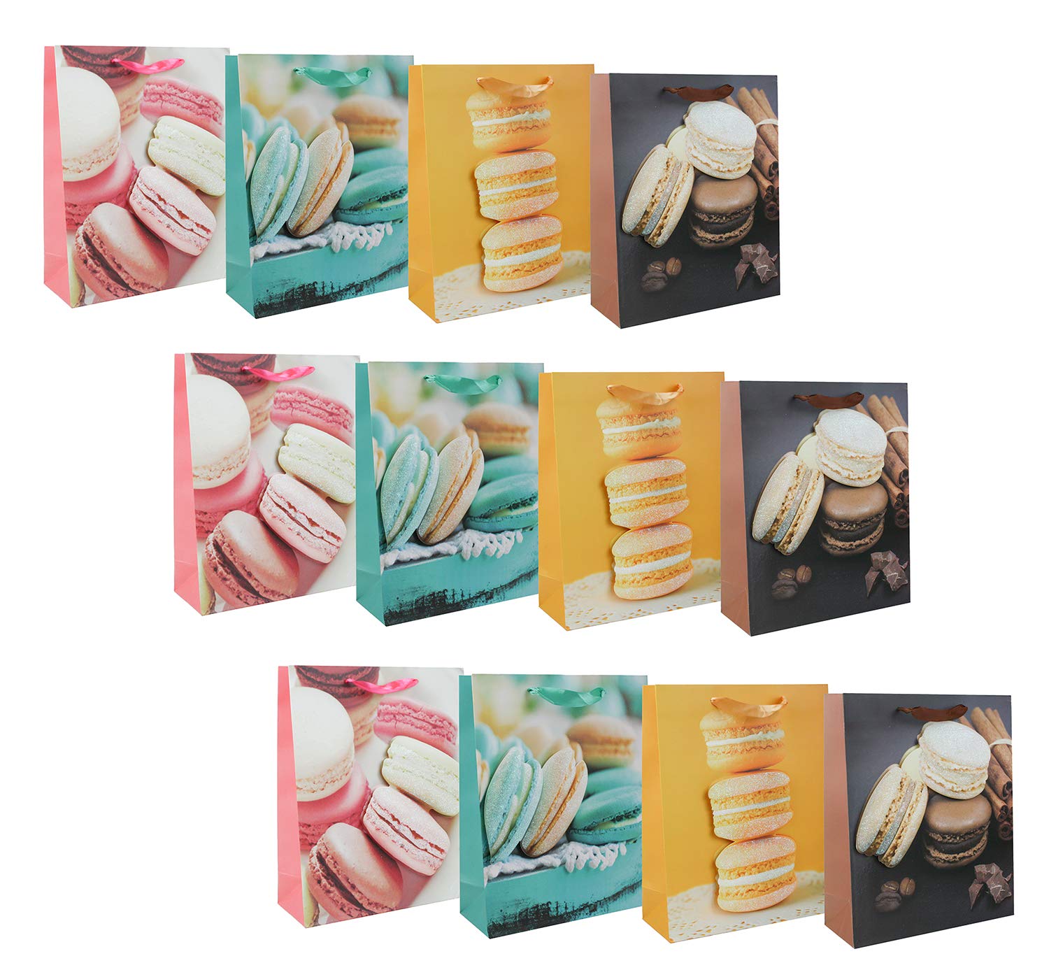 Emartbuy Set of 12 Luxury Gift Bag Strong Laminated Paper Mixed Colours 3D Effect 26 x 32 x 10 cm - Macaroons