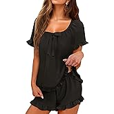 KFUBUO Womens Pajamas Set 2 Piece Ruffle Pj Soft Short Sleeve Tops and Shorts Sleepwear Set Cute Pajama Sets for Women