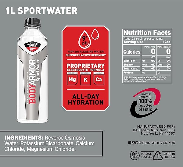 BODYARMOR NUTRITION SPORT WATER ALKALINE WATER, SUPERIOR HYDRATION, PH BALANCED ELECTROLYTE SPORTS FORMULA, SUPPORTS ACTIVE RECOVERY, PERFECT FOR ATHLETES, 1 LITER