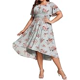 Ever-Pretty Women's Chiffon High Low Plus Size Cocktail Wedding Guest Dress | Short Sleeve, Stretch Smock Waist, A-Line, Plus Size Semi Formal Dresses Mother of the Bride Dress