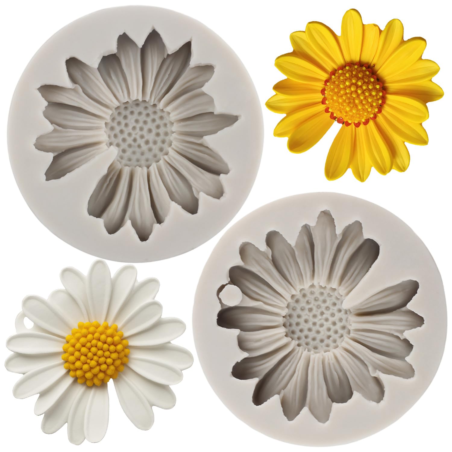 MYPRACS Flower Silicone Fondant Mould Daisy Flower Mould for Cake Decoration Cupcake Topper Candy Polymer Clay Chocolate Gum Paste Set of 2