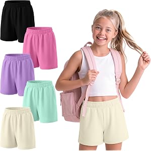 Hyggeweir 5 Pack Girls Cotton Athletic Shorts | Side Pocket, Elastic Waist, Summer Sweat Short, Comfort Fabric, Kids Sports,