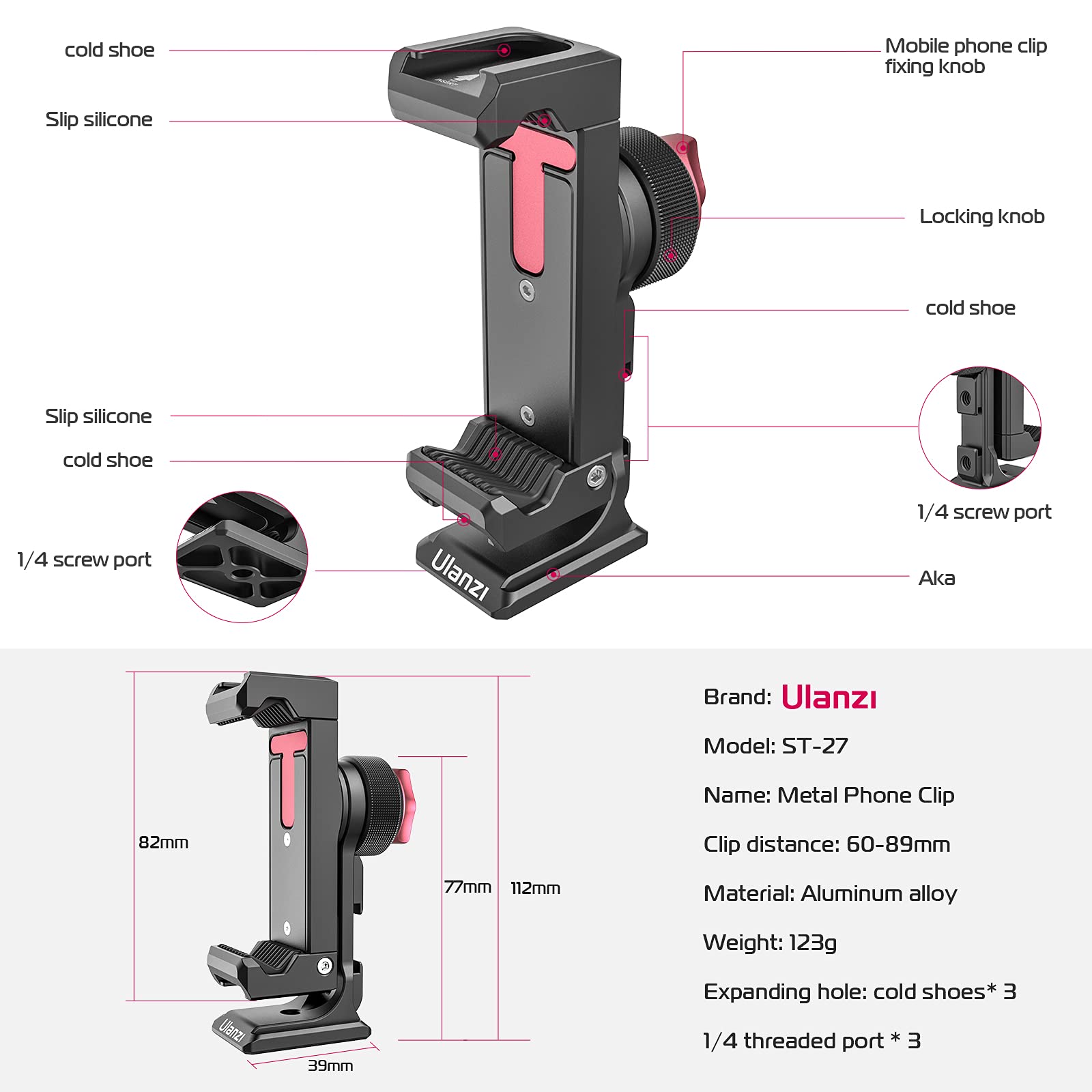 Metal Phone Tripod Mount 3 Cold Shoes & Arca Port, 360° Smartphone Tripod Adapter for iPhone Samsung Cell Phone Stand Holder for Desktop Video Live Streaming Vlogging Rig
