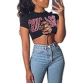 Remidoo Women's Sexy Lace Up Crop Top Short Sleeve Cropped T Shirt Cutout Graphic Tee