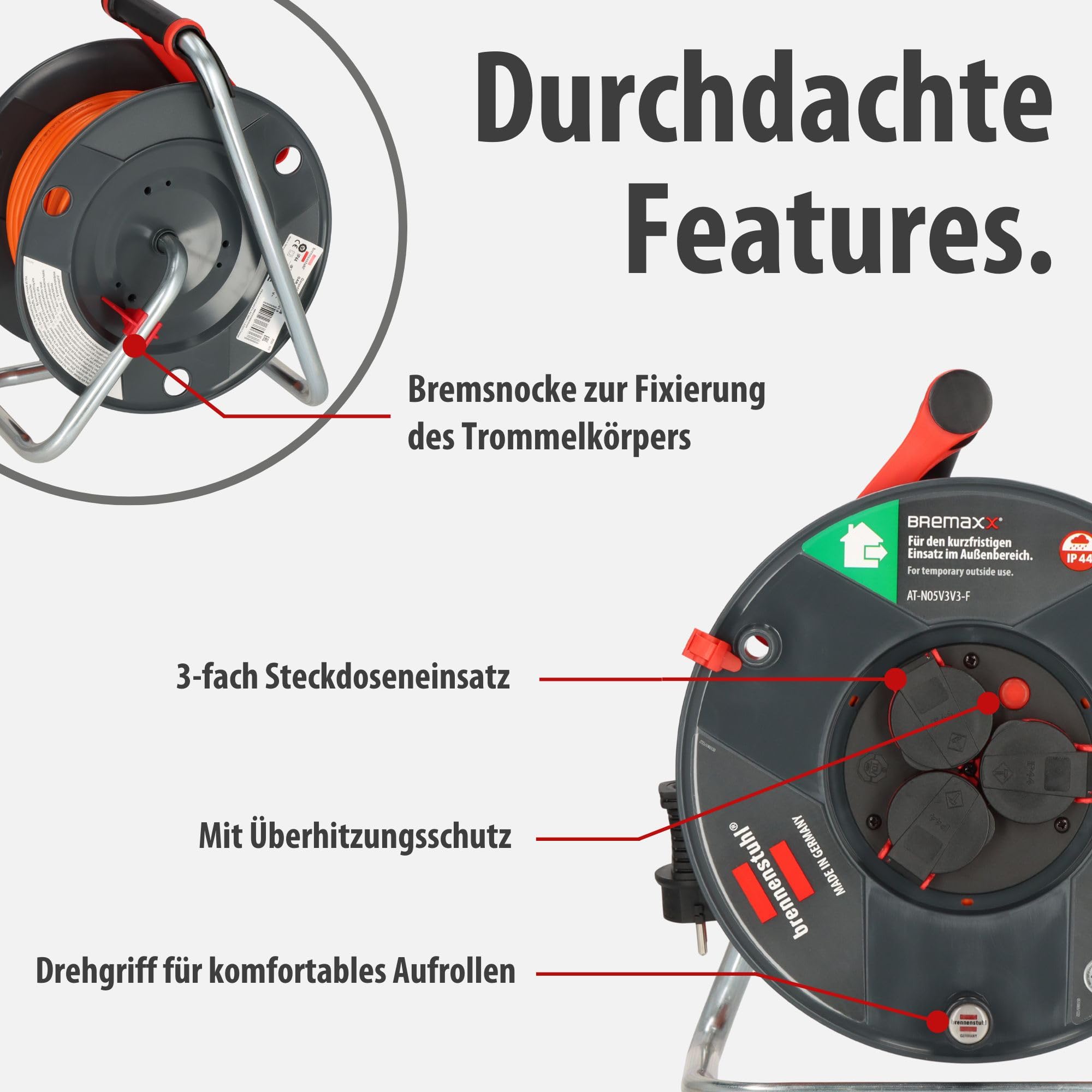 Brennenstuhl Garant V2 IP44 Kabeltrommel 50m outdoor (Made in Germany, 3 Schutzkontakt-Steckdosen, Überhitzungsschutz, kurzfristiger Einsatz im Außenbereich) 3