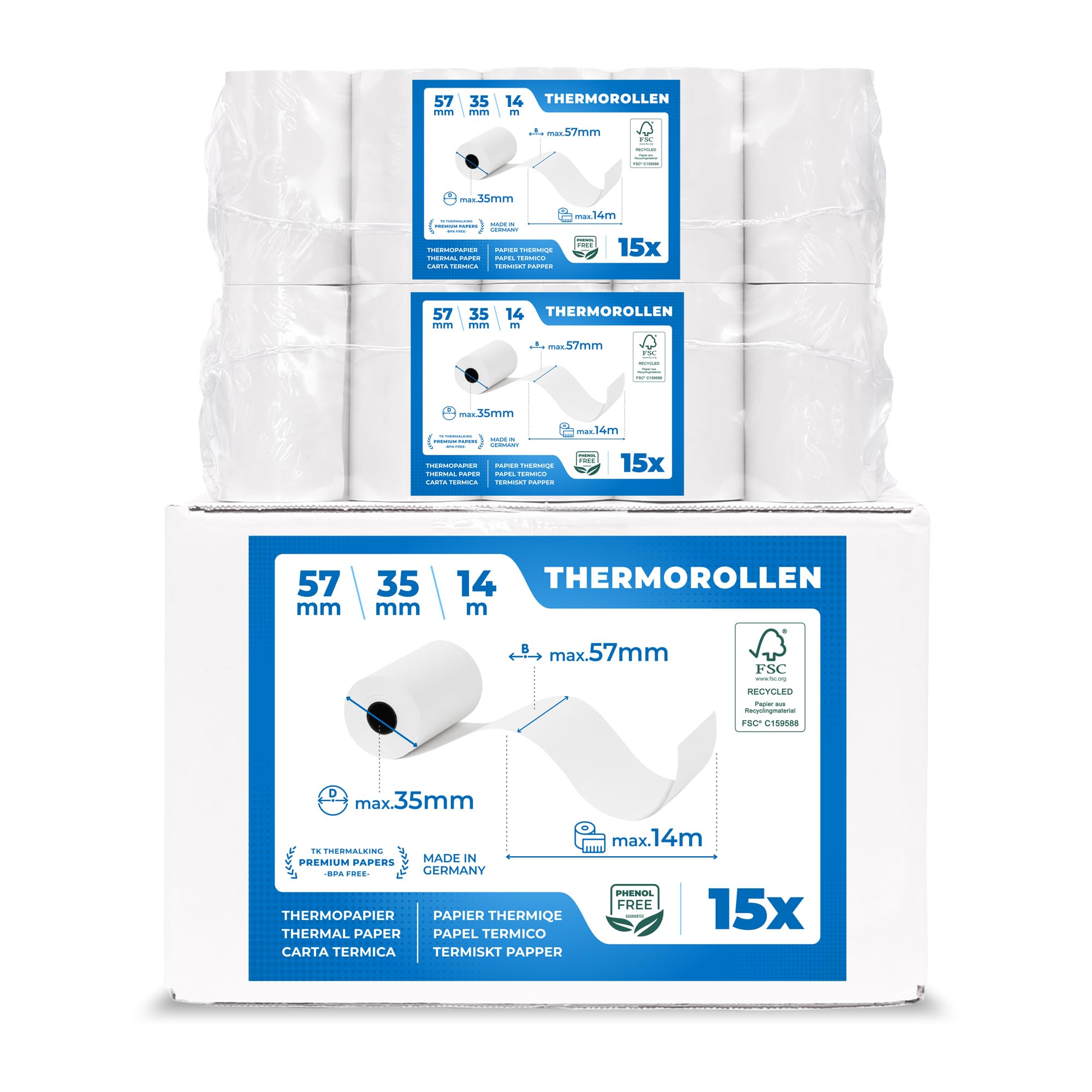EC Cash Thermal Paper Rolls, Width 57 mm, Diameter 35 mm, Sleeve Diameter 12 mm, Length 25 m, Ideal for Receipts, Electronic Payment Terminals and More