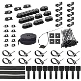 ZIIYAN 163 PCS Cable Management Kit, 3 Wire Organizer Sleeve, 8 Self Adhesive Cable Holder, 25 Cord Clips, 20+2 Roll Reusable Cable Straps and 100 Fastening Cable Ties for Computer TV Under Desk