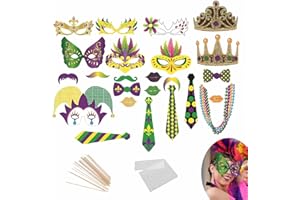 Mardi Gras Decorations Set – 24-Piece Carnival Photo Booth Props with Printed Cards, Bamboo Sticks, Glue Dots, Green Purple G