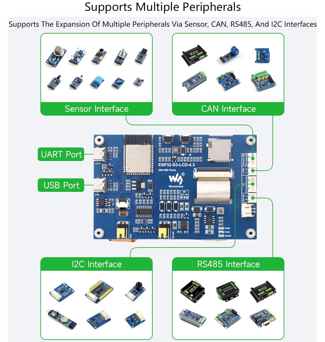 4.3inch Capacitive Touch Screen Onboard ESP32-S3 Microcontroller Development Board, 800x480 Pixels, Support 2.4GHz WiFi and BLE 5, with Sensor/CAN/RS485/I2C Interfaces for Peripherals Expansion