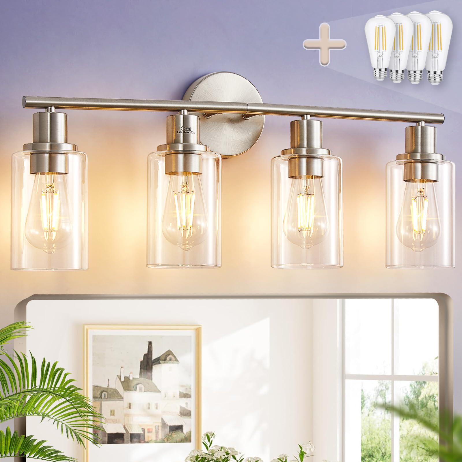 Photo 1 of DLLT 4-Light Bathroom Light Fixtures: Nickel Modern Vanity Lights with E26 Bulbs - Clear Glass Shade Bathroom Wall Lamp for Mirror Kitchen Living Room Hallway Cabinet Porch