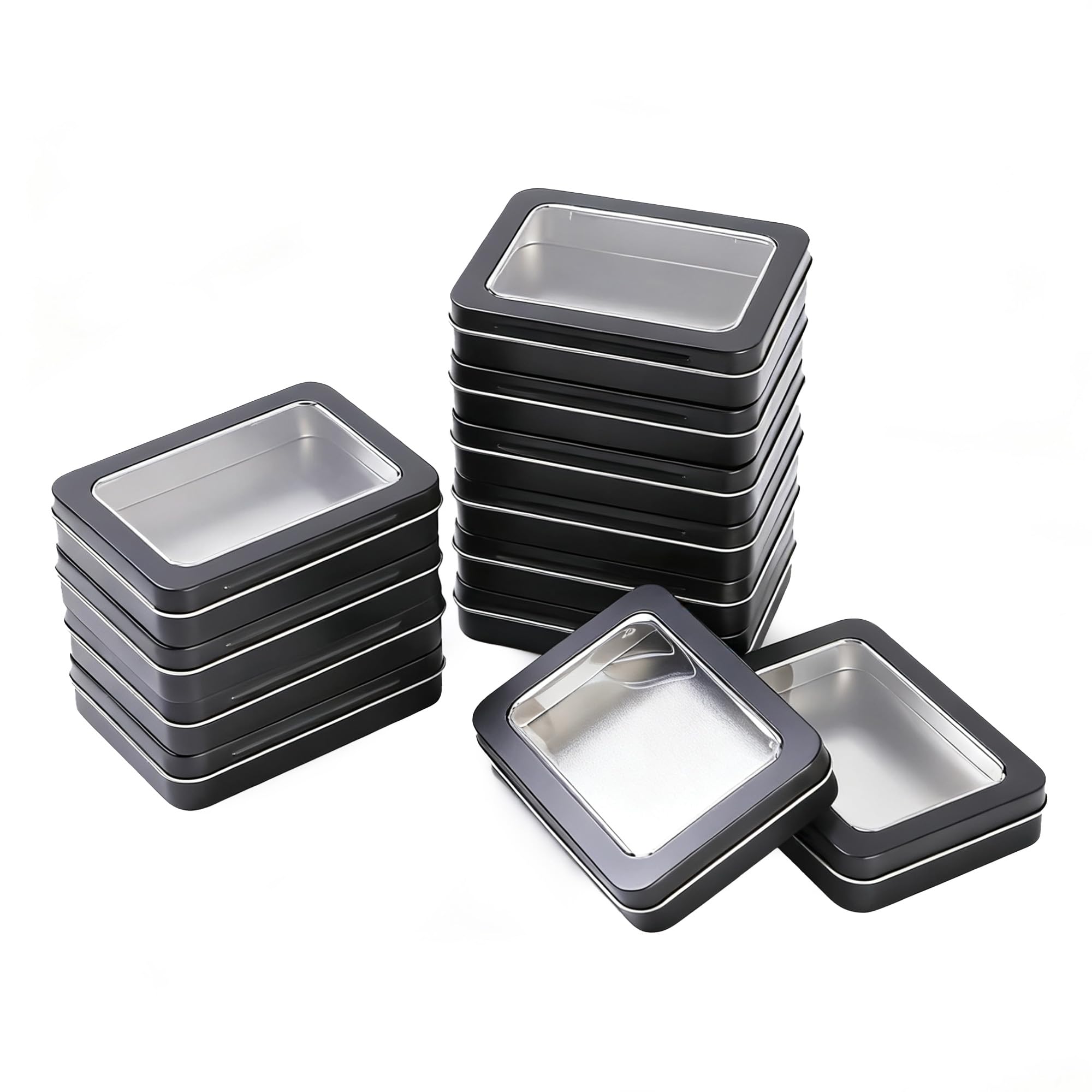 LJY 12 Pack Black Mini Metal Tin with Hinged Lid and Clear Window 11.5 x 8.5 x 2.2 cm - Rectangular Small Storage Tin Box for DIY Crafts, Beads and Small Item Organiser Containers