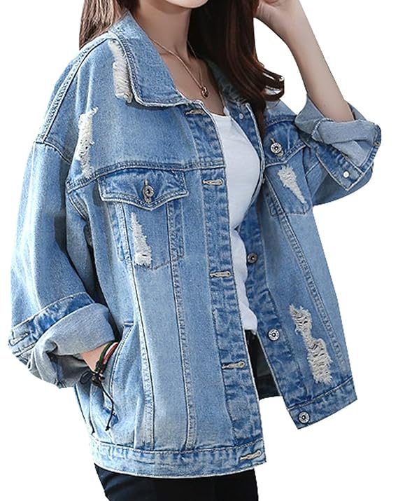 OUMIZHI® Damen Jeans-Jacke mit Patches Blouson Knopfverschluss Cut-Outs Denim Jacket